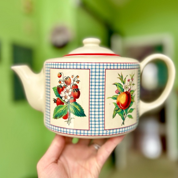 Other - Vtg Plaid Fruit Strawberry Picnic Ceramic Farmhouse Cottagecore Tea Pot Kettle